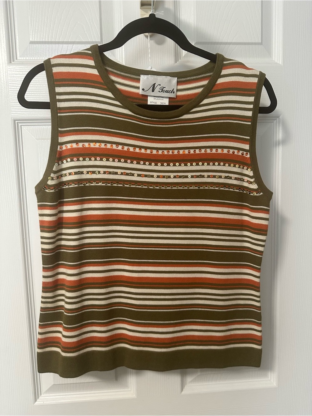N Touch Olive, Cream, Rust Striped Sleeveless Lightweight Sweater Tank